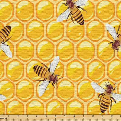Ambesonne Bee Fabric by The Yard, Honeybees Working on Honeycomb Hard Worker Insects Illustration Print, Decorative Fabric for Upholstery and Home Accents, 2 Yards, Orange Apricot