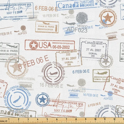 Ambesonne Travel Fabric by The Yard, Vintage Old Rubber Stamps Tourist Passport Visa Certificate Vacation Holiday Theme, Decorative Fabric for Upholstery and Home Accents, 1 Yard, Ivory Orange