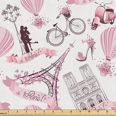 Ambesonne Paris Fabric by The Yard, Valentines Day Theme with Eiffel Kissing Couple Hot Air Balloon Wedding Concept, Decorative Fabric for Upholstery and Home Accents, Yards