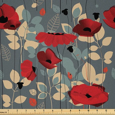 Ambesonne Poppy Flower Fabric by The Yard, Abstraction of a Growing Floral Garden Leaves Botanical Modern Nature, Decorative Satin Fabric for Home Textiles and Crafts, 10 Yards, Grey Red Beige