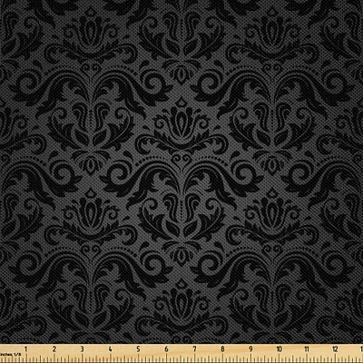 Ambesonne Dark Grey Fabric by The Yard, Black Damask and Floral Elements Oriental Antique Ornament Vintage, Decorative Satin Fabric for Home Textiles and Crafts, Yards