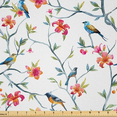 Ambesonne Watercolor Fabric by The Yard, Birds on Branches with Flowers and Leaves Scenes from Nature Cherry Tree Image, Decorative Satin Fabric for Home Textiles and Crafts, Yards