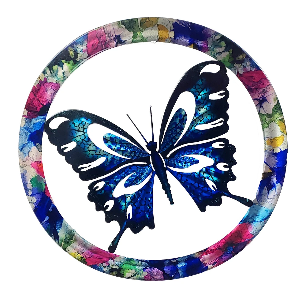 Butterfly Blue Black Round Framed Wall Art