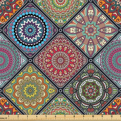 Ambesonne Mandala Fabric by The Yard, Checkered Rectangles Pattern Various Oriental Inspired Motifs Culture, Decorative Fabric for Upholstery and Home Accents, 3 Yards, Beige