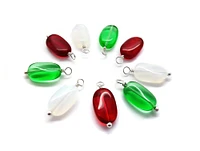 Glass Bead Charms in Christmas Colors, 10 pieces, Twisted Oval Dangles in Red Green & White, Adorabilities