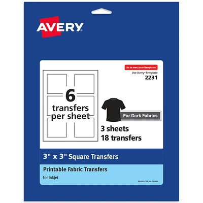 Avery Dark Transfer Paper for T-Shirts, 3" x 3" Pre Die-Cut Iron-On Square Transfers, Print-to-the-Edge, 3 Sheets of Heat Transfer Paper, 18 Total (02231)