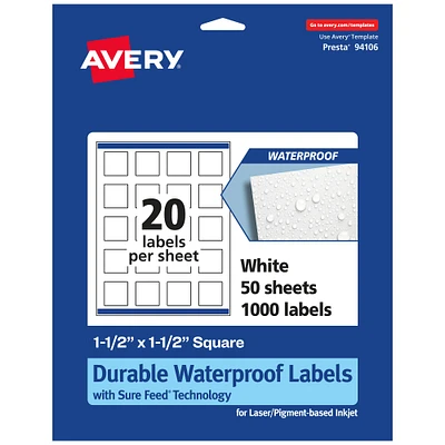 Avery Durable Waterproof Square Labels with Sure Feed, 1.5" x 1.5"