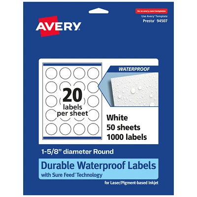 Avery Durable Waterproof Round Labels with Sure Feed