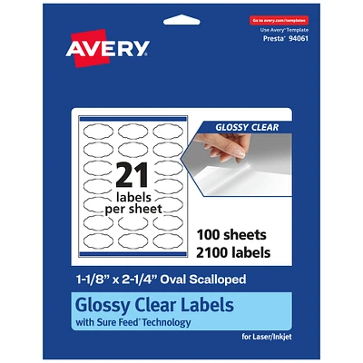Avery Glossy Clear Oval Scalloped Labels with Sure Feed, 1-1/8" x 2-1/4"