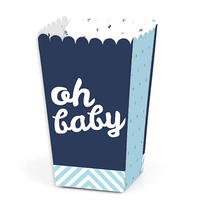 Big Dot of Happiness Hello Little One - Blue and Silver - Boy Baby Shower Favor Popcorn Treat Boxes - Set of 12