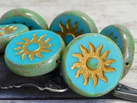 21mm Gold Washed Opaque Turquoise Picasso Table Cut Sun Design Coin Beads