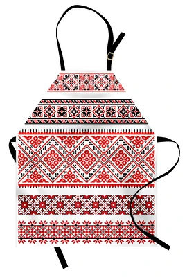 Ambesonne Art Apron, Traditional Ukrainian Borders Frames Ornaments Old Fashioned Cultural Motifs, Unisex Kitchen Bib with Adjustable Neck for Cooking Gardening, Adult Size, Vermilion Black White