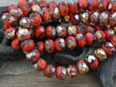 *25* 6x8mm Copper Washed Etched Coral Red Fire Polished Rondelle Beads