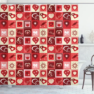 Ambesonne Valentine's Day Shower Curtain, Valentines Day Themed Frames Pattern with Hearts Stars Love Lettering, Cloth Fabric Bathroom Decor Set with Hooks, 69" W x 70" L, Beige Coral Red