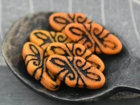 *6* 19x9mm Black Washed Matte Opaque Orange Arabesque Beads