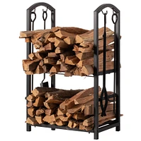 Indoor and Outdoor Patio Iron Firewood Log Cart with Fireplace Tool Rack, Black