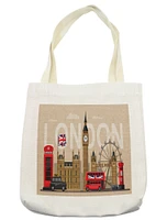 Ambesonne London Tote Bag, Famous Britain Landmarks Monuments Art Pattern Touristic Travel Destination, Cloth Linen Reusable Bag for Shopping Books Beach and More, 16.5" X 14", Multicolor