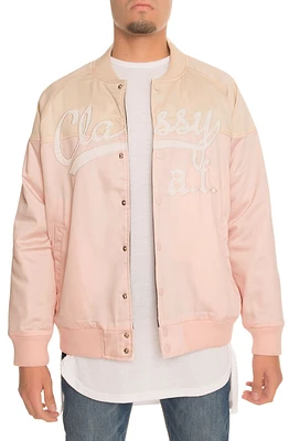 THE CLASSY A.F. TWO TONE BASEBALL JACKET IN LT PINK AND BEIGE