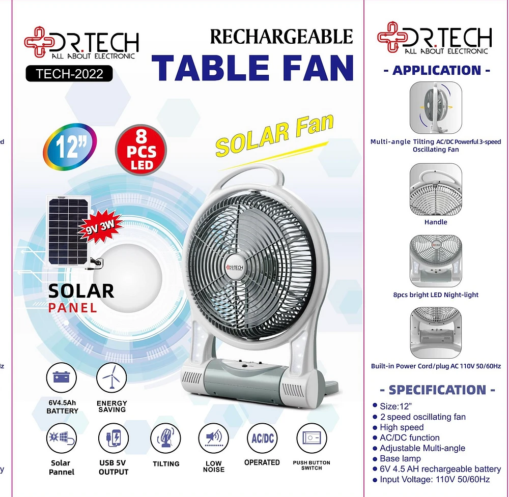 Abanico Solar 12" de Mesa Portátil