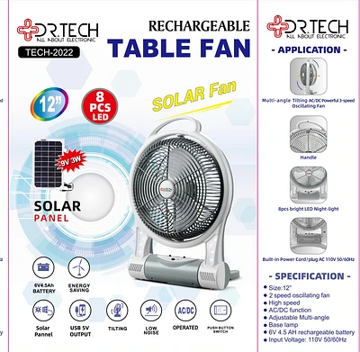 Abanico Solar 12" de Mesa Portátil