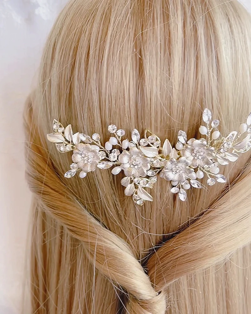 Bridal Gold Flower Pearl Hair Clip 152433