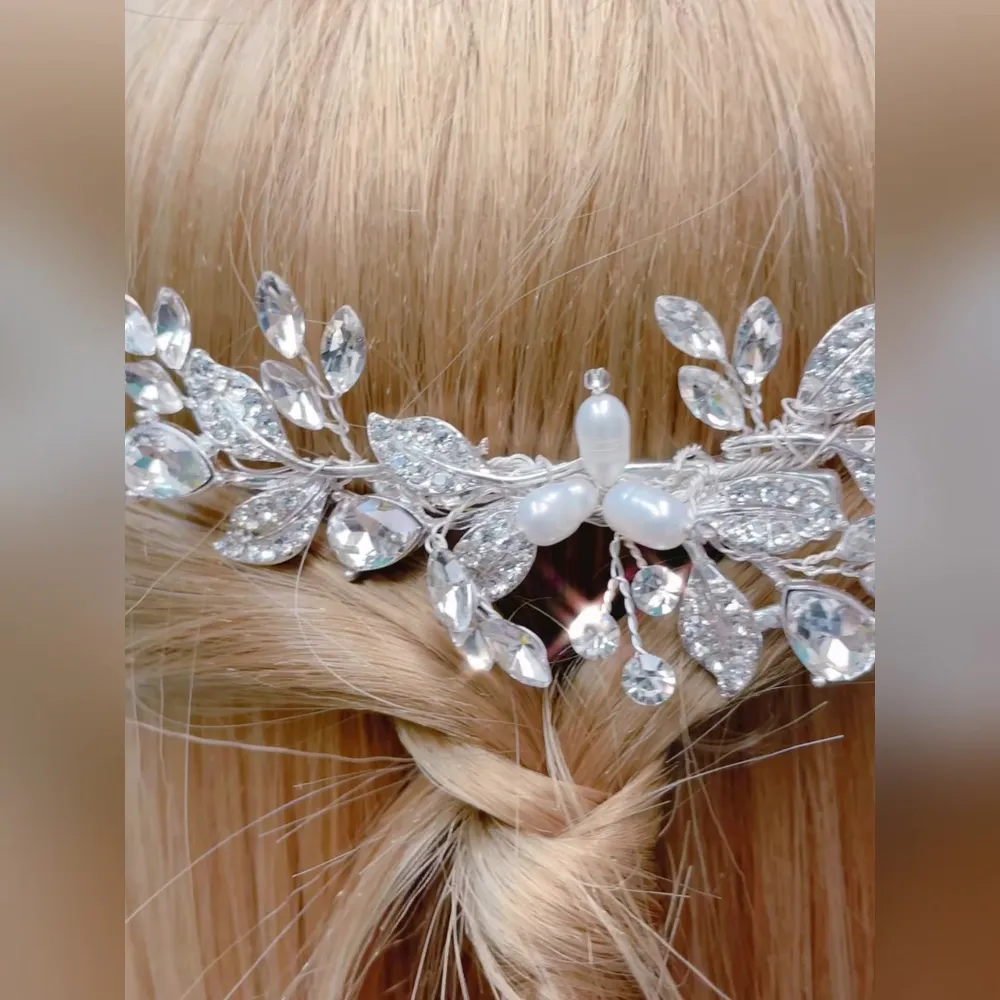 Bridal Silver Hair leaf Pearl Clip 137530