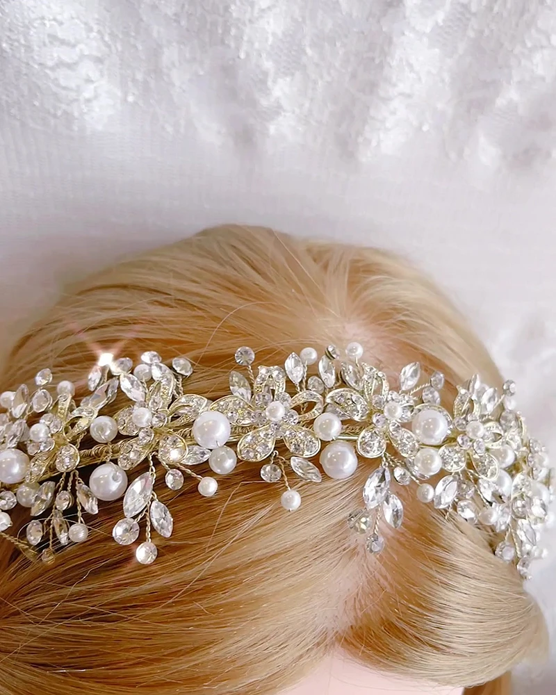 Bridal Gold Flower Pearl Wire Headband 152454