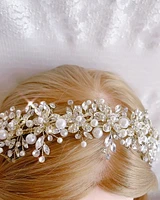 Bridal Gold Flower Pearl Wire Headband 152454