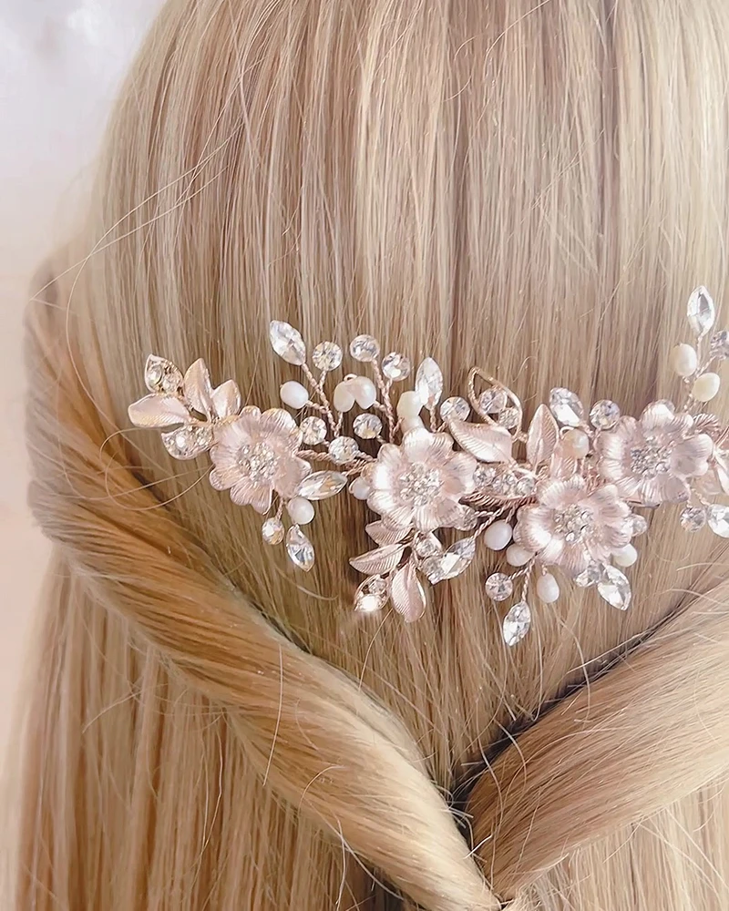 Bridal Rosegold Flower Pearl Hair Clip 152434