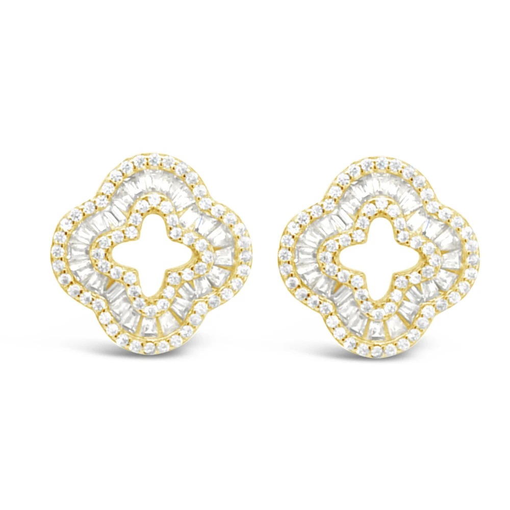 Yellow Gold Plated Sterling Silver Cover baguette Cubic Zirconia Earrings 155059