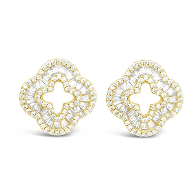 Yellow Gold Plated Sterling Silver Cover baguette Cubic Zirconia Earrings 155059