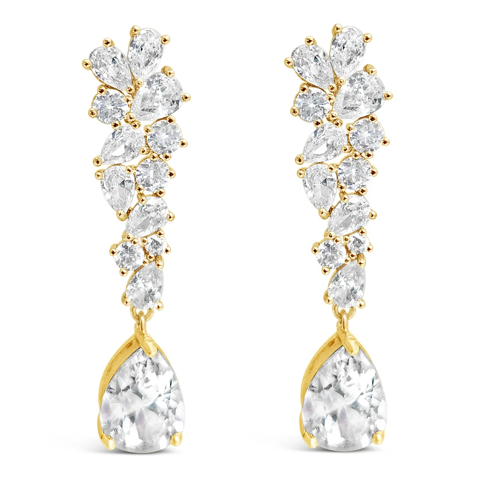 Bridal  Gold Tear Drop Cluster  Long  Cubic Zirconia Earrings 155182