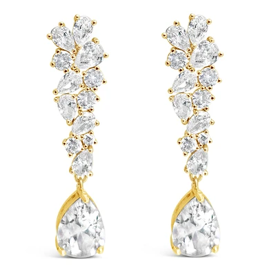 Bridal  Gold Tear Drop Cluster  Long  Cubic Zirconia Earrings 155182