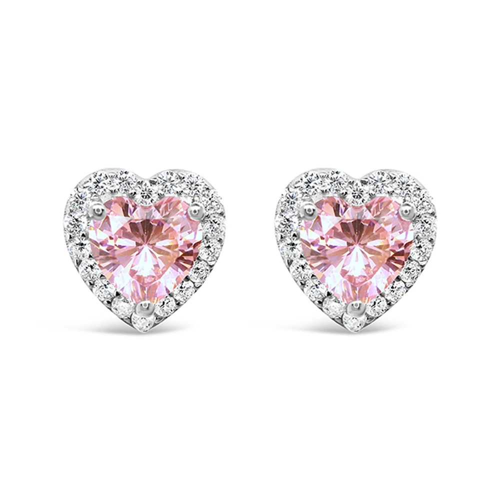 Sterling Silver Pink Heart Cubic Zirconia Earrings