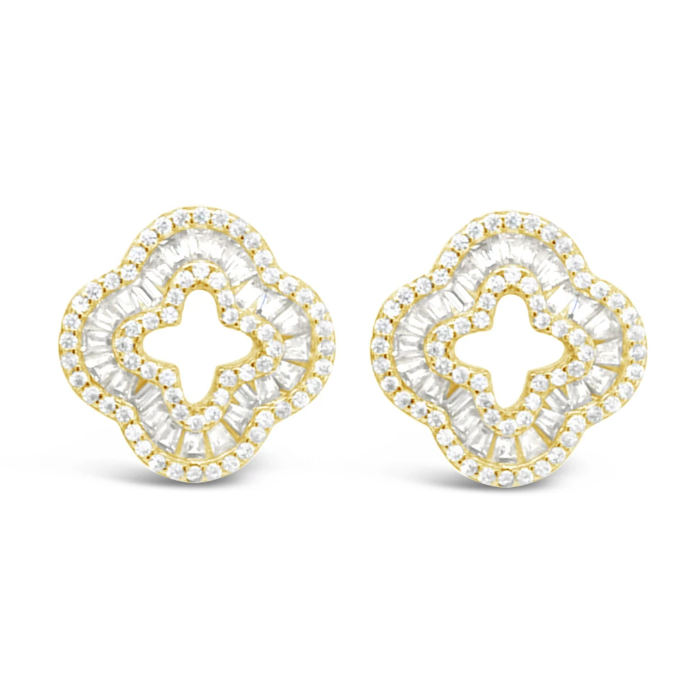 Yellow Gold Plated Sterling Silver Cover baguette Cubic Zirconia Earrings 155059
