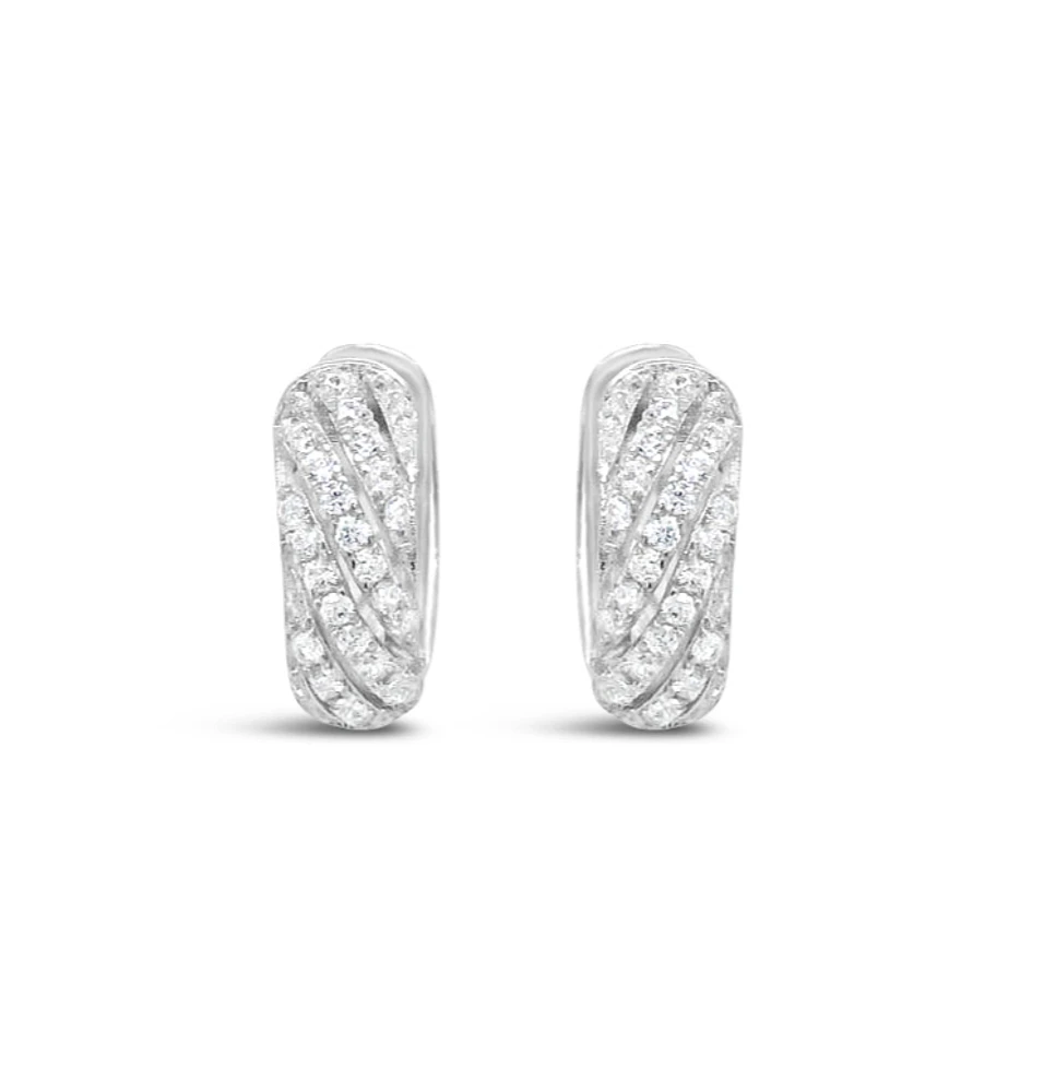 Sterling Silver  Cubic Zirconia Round Pave Twist Huggies Earrings 155074
