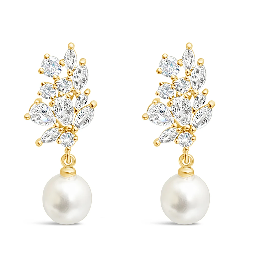 Bridal  Gold Tear Drop Pearl   Cubic Zirconia Earrings 155163