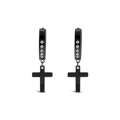 Stainless Steel Cubic Zirconia Black Cross Huggie Earrings 150105