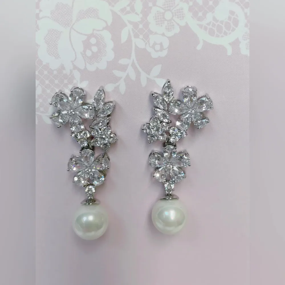 Bridal Pearl Cubic Zirconia Drop Earrings 145901
