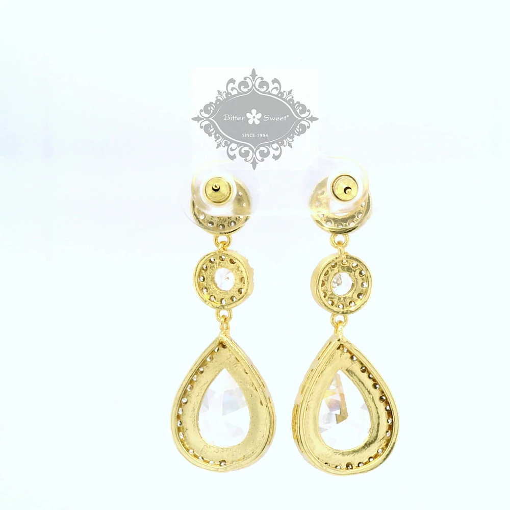 Bridal  Gold Tear Drop Halo  Cubic Zirconia Earrings 155159