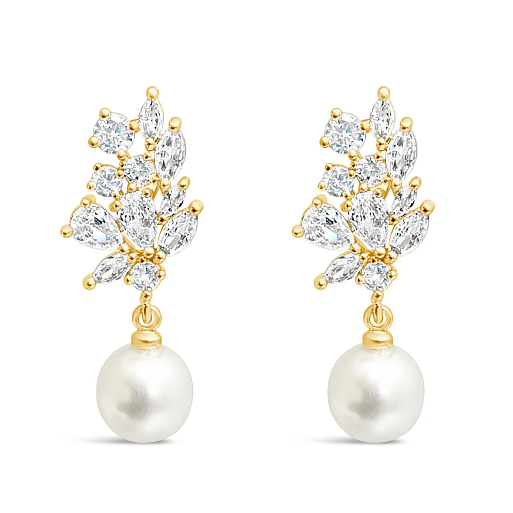 Bridal Gold Tear Drop Pearl Cubic Zirconia Earrings 155163