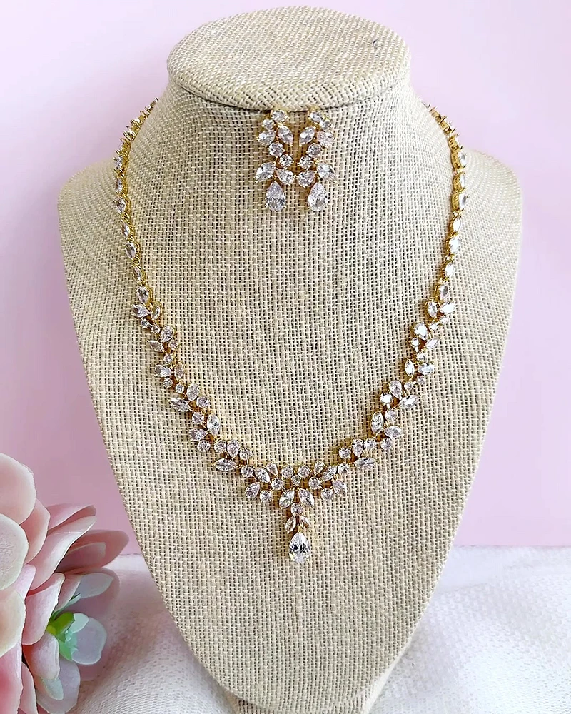 Bridal Gold Cubic Zirconia Necklace and Earrings set