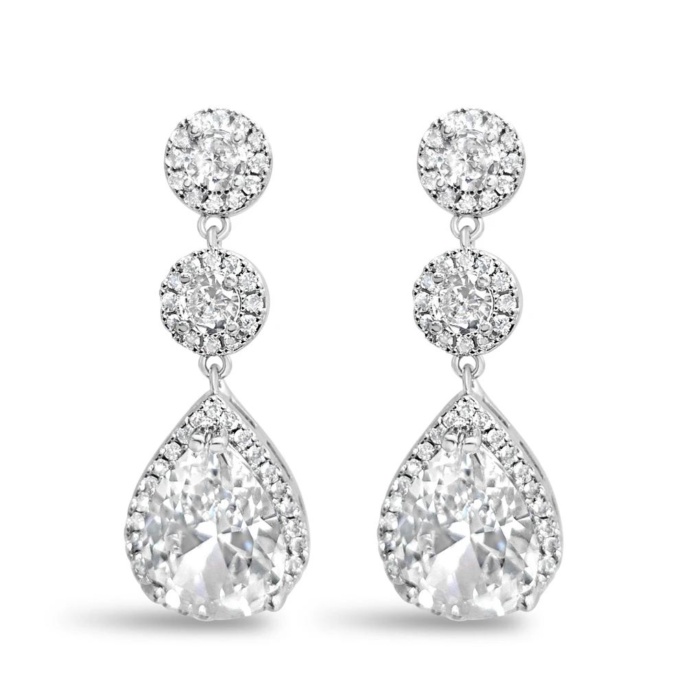 Bridal Silver Tear Drop Halo  Cubic Zirconia Earrings 155158
