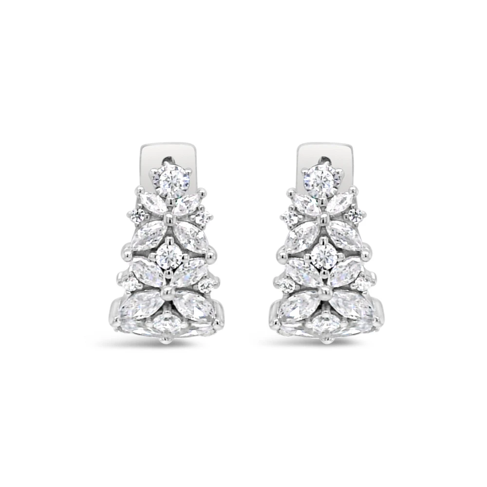 Sterling Silver Flower Cubic Zirconia Huggies Earrings 155065