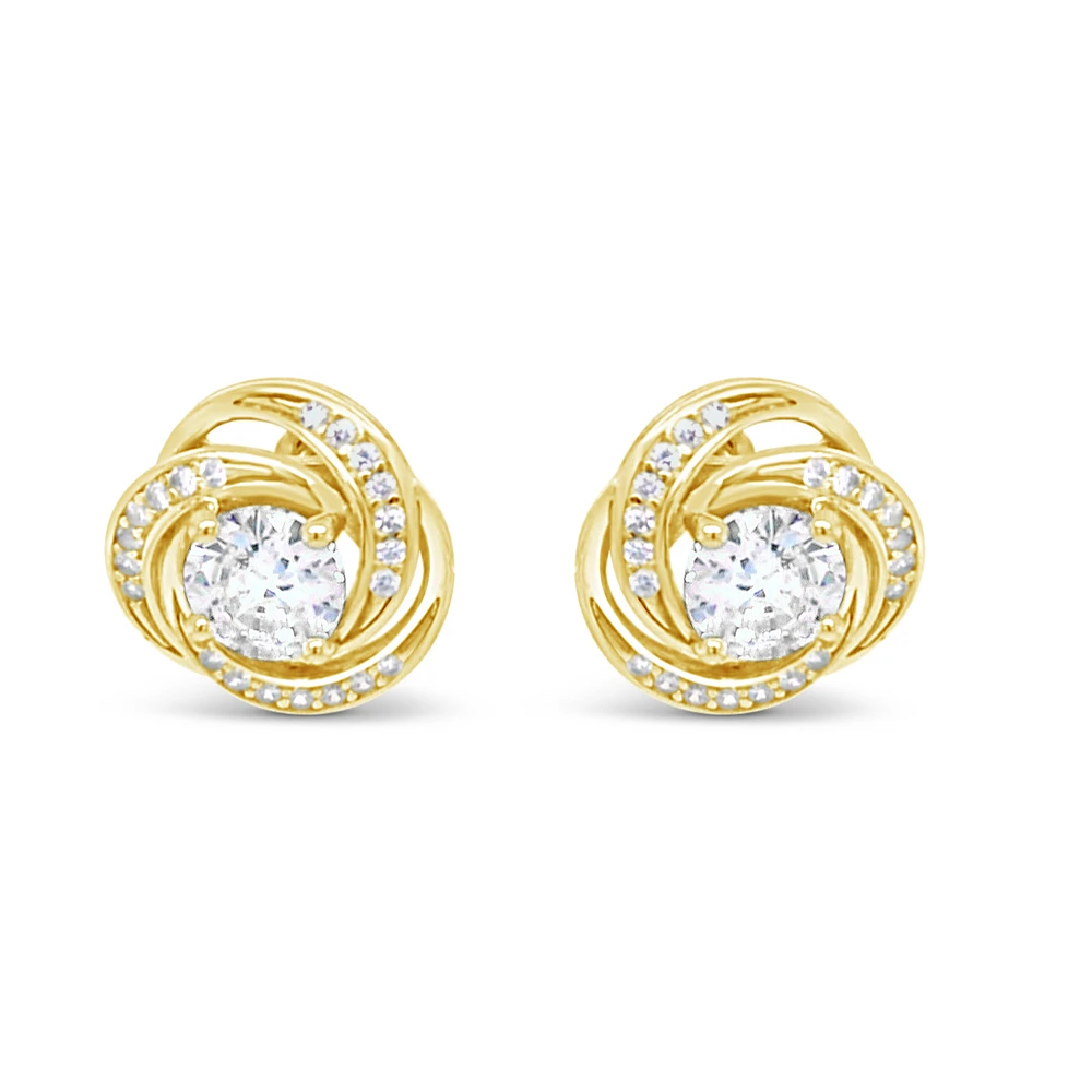 Yellow Gold Plated Sterling Silver Round Twist Cubic Zirconia Earrings 155051