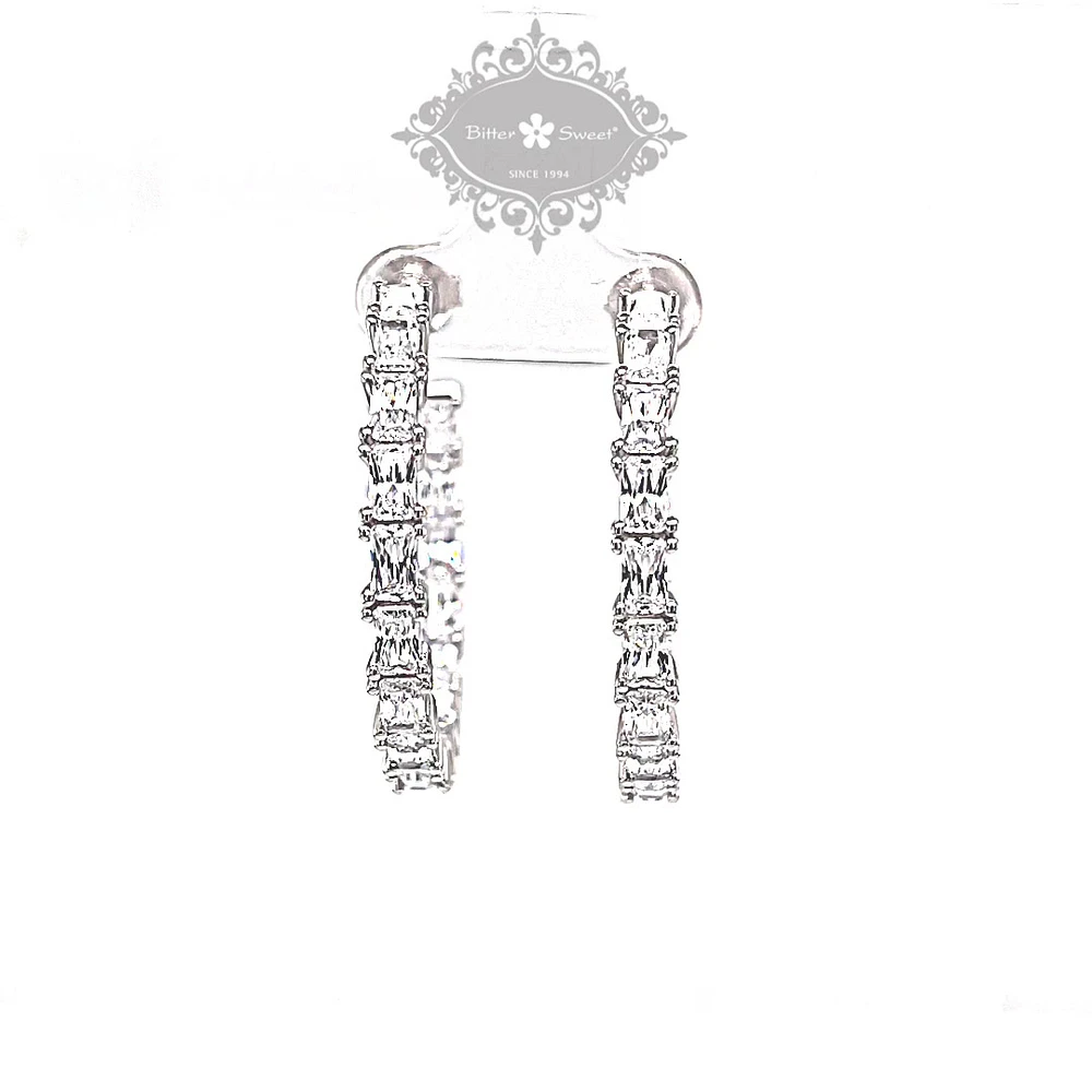 Sterling Silver Cubic Zirconia Baguette Hoop Earrings 151257