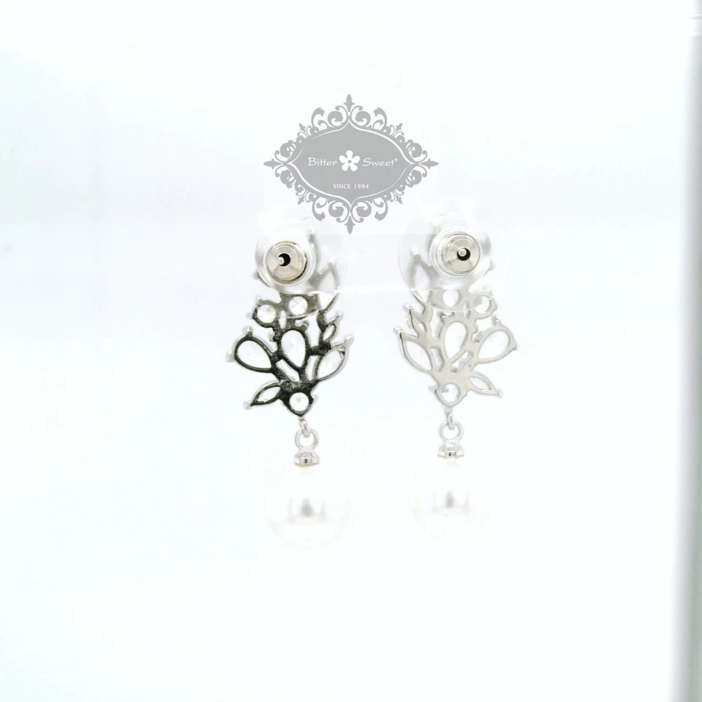 Bridal  Silver Tear Drop Pearl   Cubic Zirconia Earrings 155162