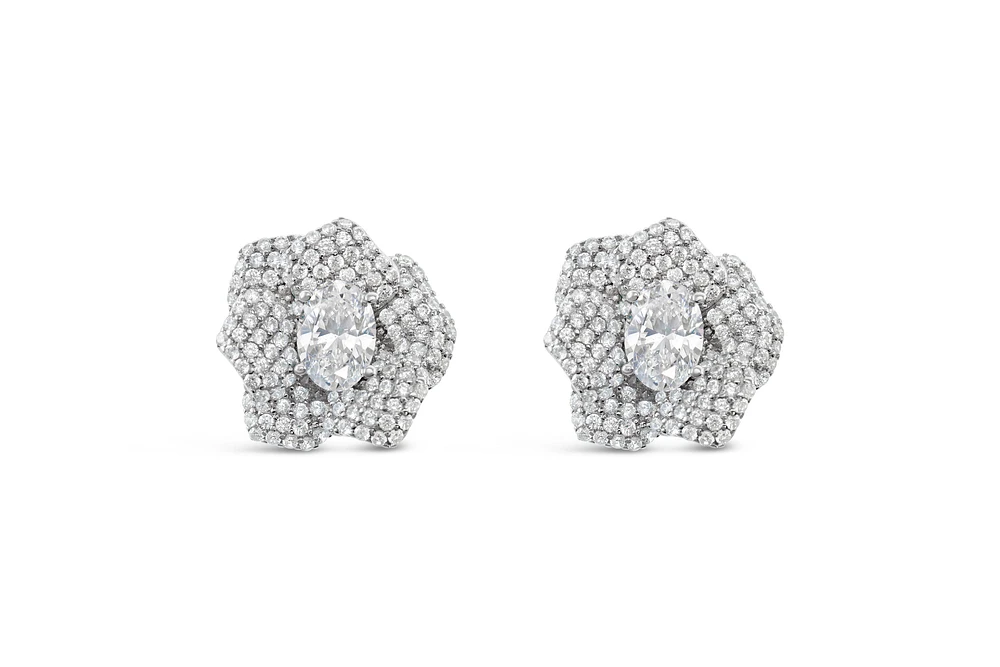 Sterling Silver Heart Cubic Zirconia Flower Earrings 151974