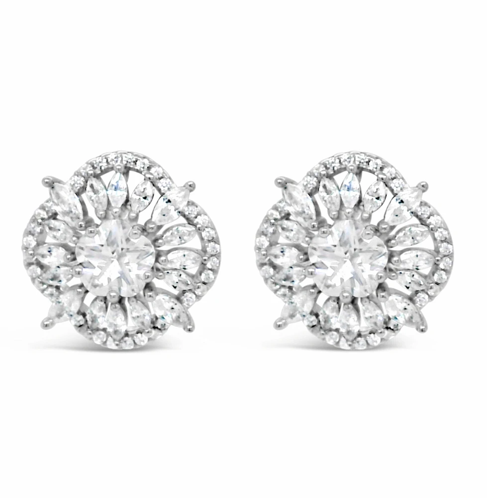 Sterling Silver  Flower  Cubic Zirconia Earrings 155064