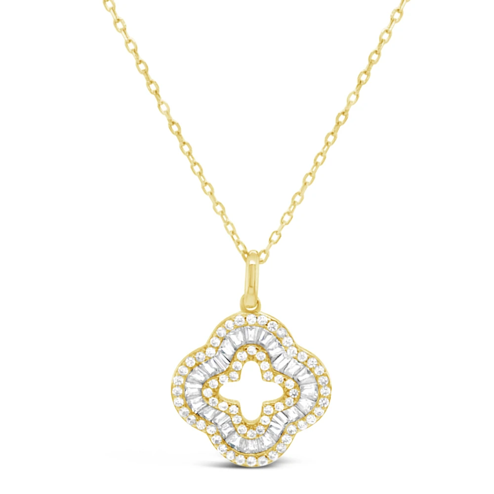 Yellow Gold Plated Sterling Silver Clover Baguette Cubic Zirconia Necklace155058
